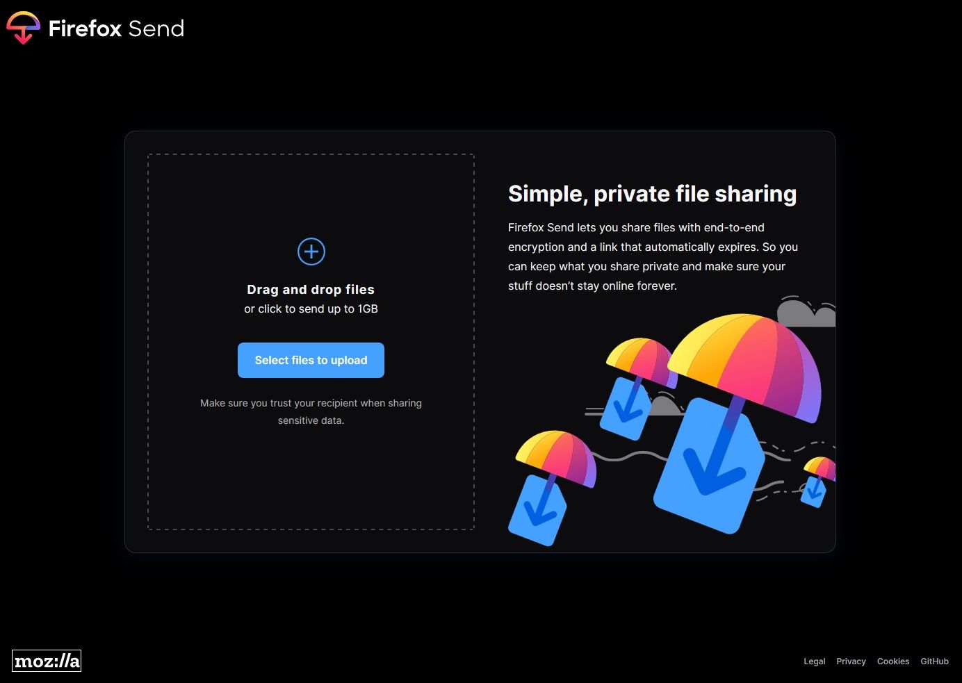 Self-hosted Firefox Send main page